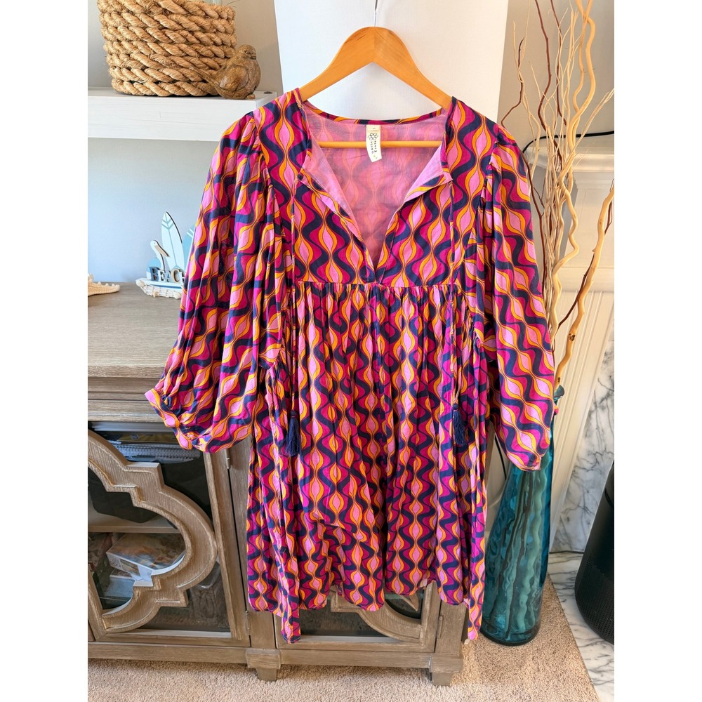 Uncle Frank Babydoll Tunic Dress Womens Pink Orange Wavy Psychedelic Medium